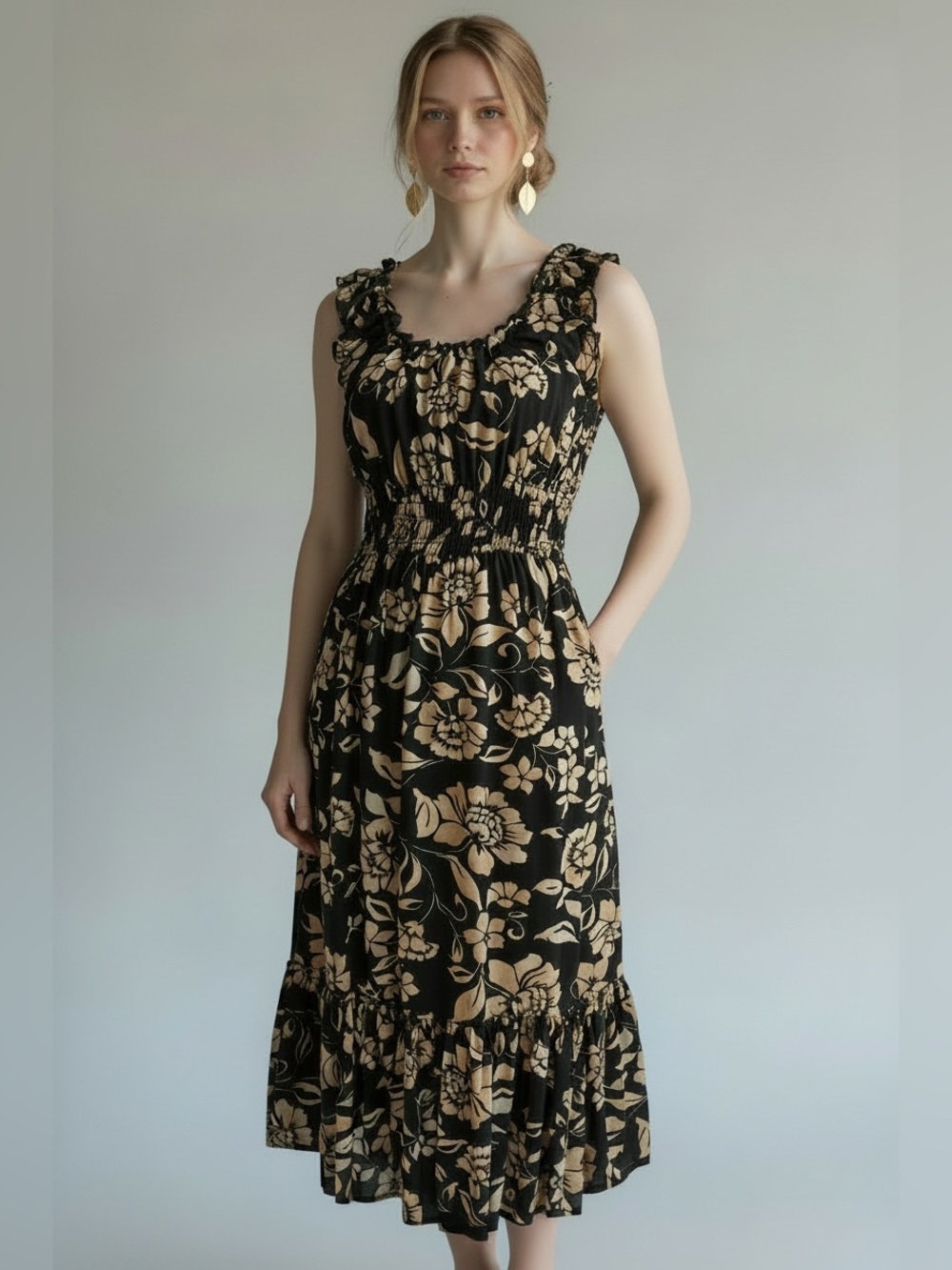 Patrons of Peace Black Maxi Dress with Cream Floral Print